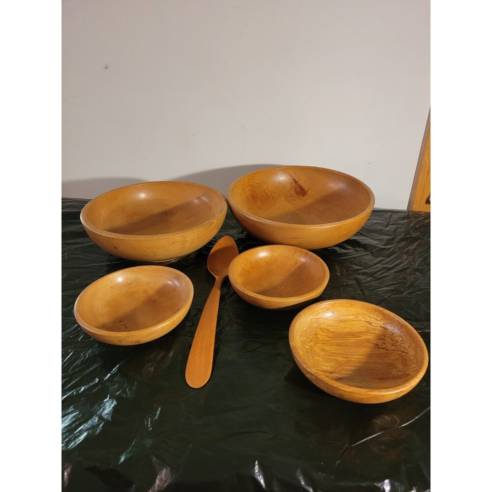 Set of 6 Vtg Made In Japan 2 Lg Wood Bowls, 3 Salad/rice 1 Serving Spoon